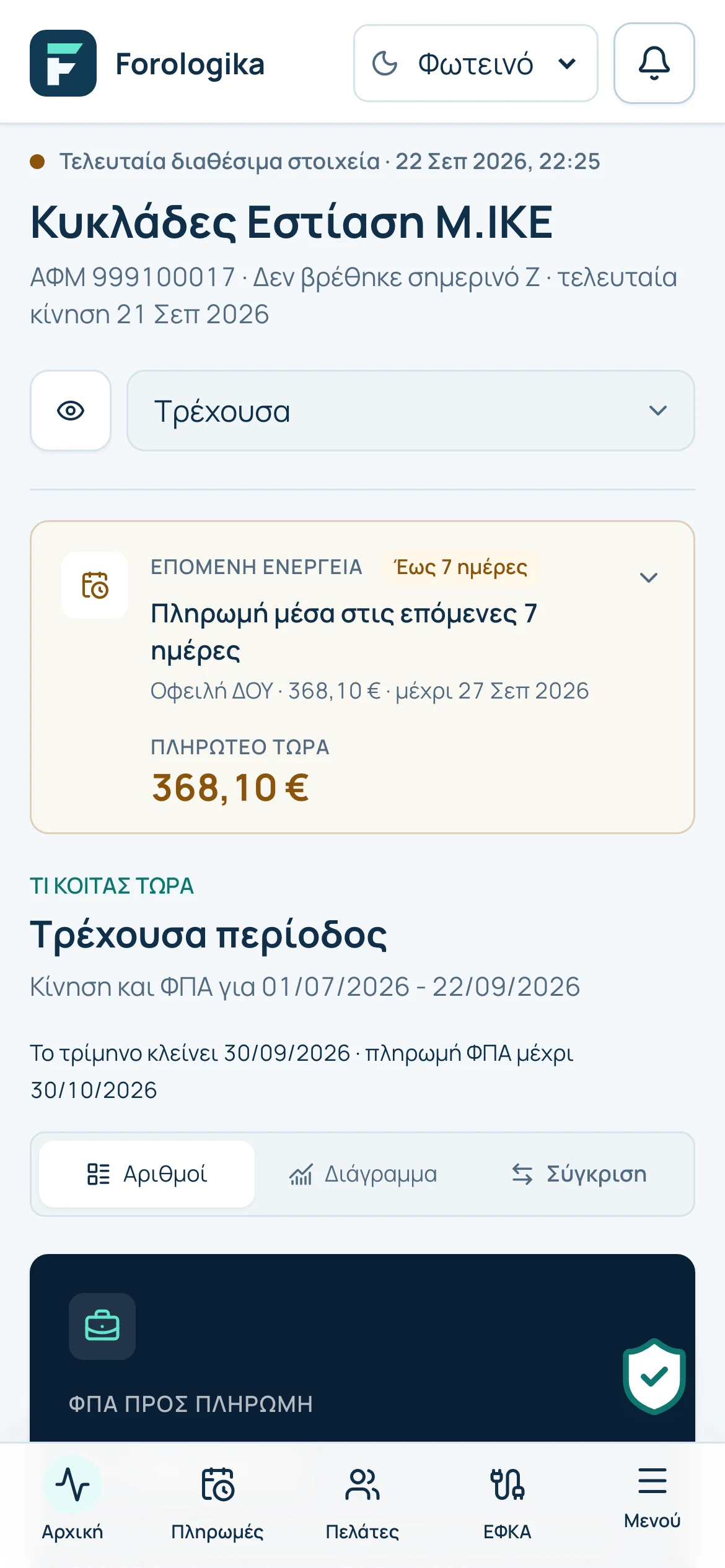 Η ίδια εικόνα στο κινητό, με την επόμενη πληρωμή και την τρέχουσα περίοδο.